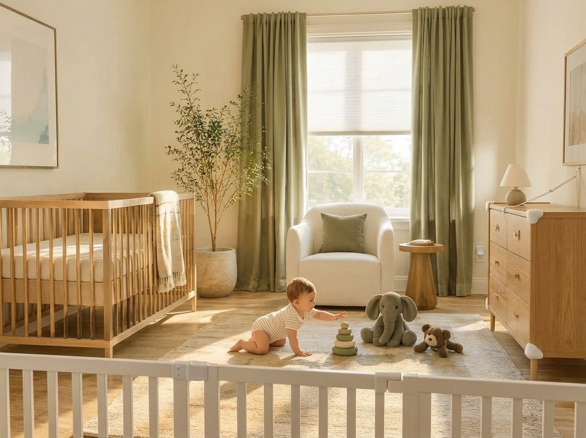 Babyproofed nursery with a safety gate, corner guards and a crawling baby
